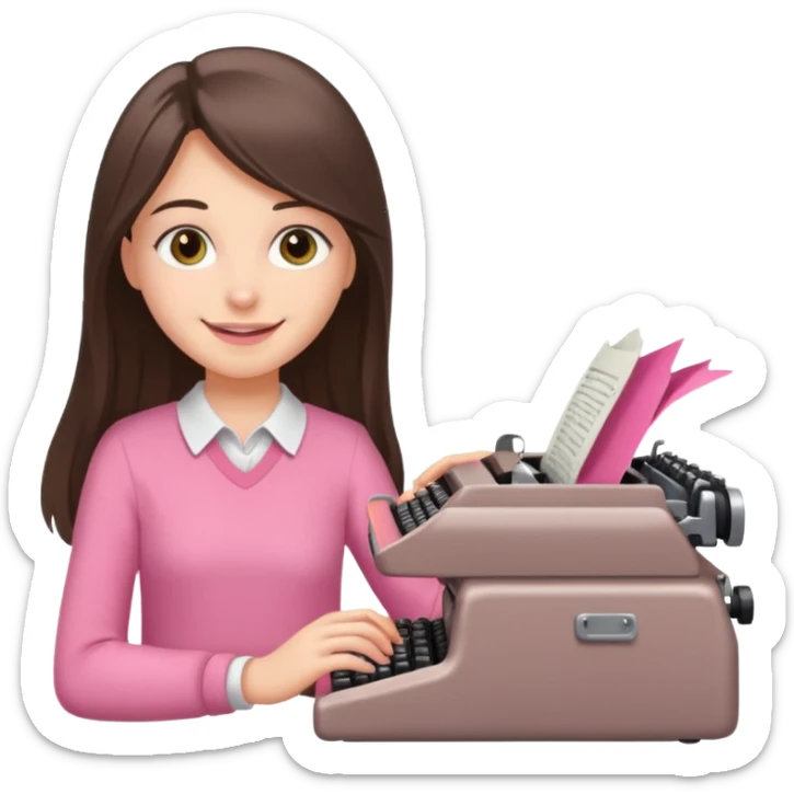 smiling white long brunette hair girl with hazel eyes wearing pink typing on a typewriter sticker