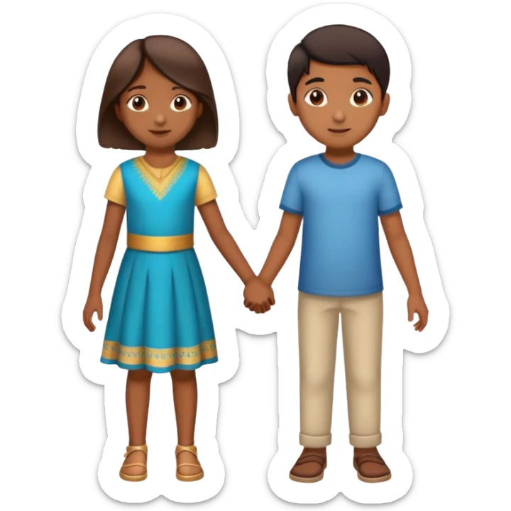 boy and girl holding hands, both Indian, boy with lighter brown skin, girl with medium brown skin, both around age 5-6 sticker