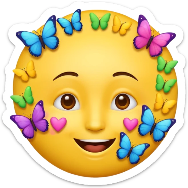joyful emoji face surrounded by colorful hearts and butterflies sticker