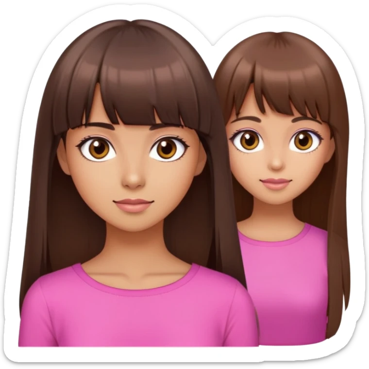 beautiful cute woman, tan skin, big brown eyes, straight long brown hair, bangs, model, pink top sticker