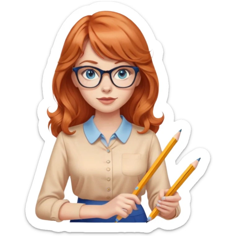 redheaded woman with long wavy hair and bangs, blue eyes, cat-eye glasses, pencil skirt, apricot blouse, holding a pencil sticker
