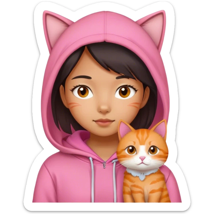 asian girl in pink hoodie with cute orange cat sticker