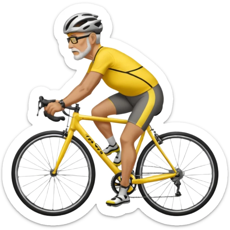 emoji of a 60-year-old man, about 200 lbs, no beard, no eyeglasses, in loose cycling clothes, yellow and black top, straddling a grey road bike, graphic design, adding a background of a road in a neighborhood or highway sticker