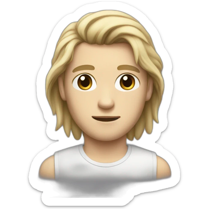 realistic white teenager with a long classic hairstyle, he has black hair, he has black eyes, he also has a beige T-shirt, he is tall, he has an elongated neck and head sticker