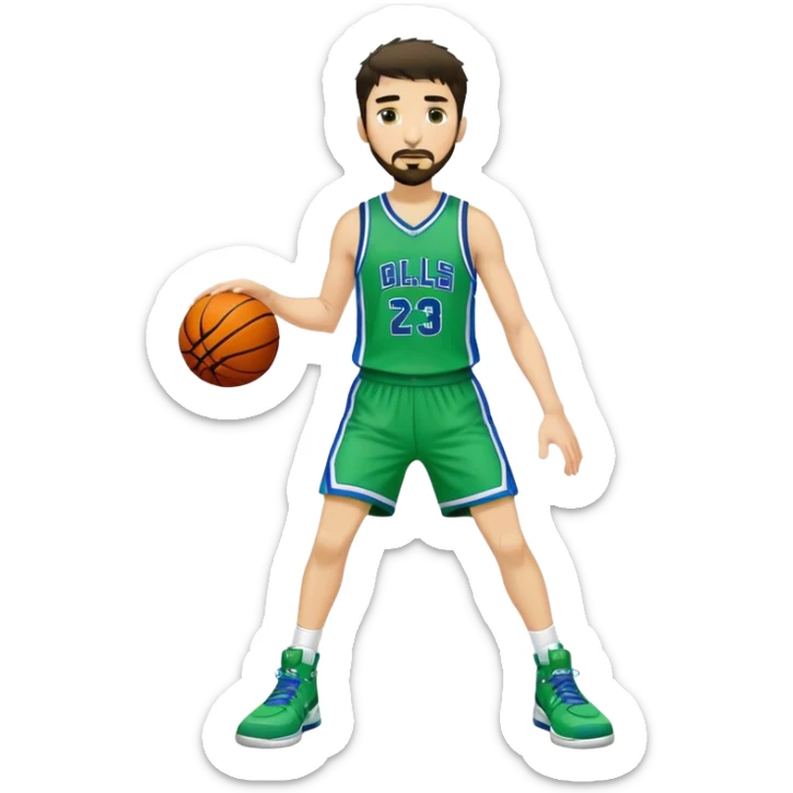 Full Body white male basketball player with short dark shaggy hair and goatee wearing green and blue uniform sticker