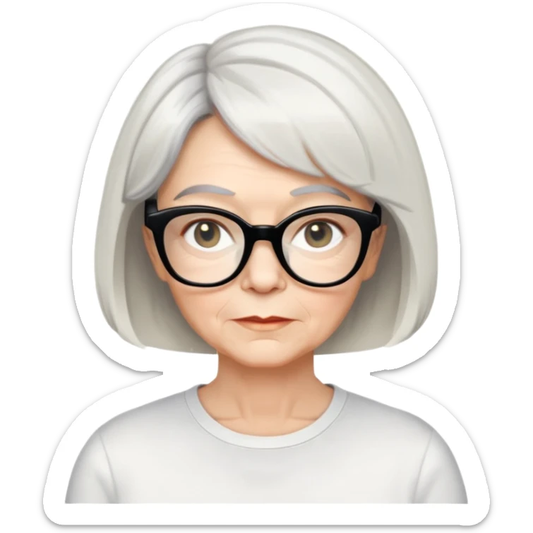 white older woman about 60 with light warm skin, short black bob haircut with slight waves at ends, neutral expression, large black shiny butterfly or cat-eye glasses, white casual t-shirt, calm and creative energy sticker