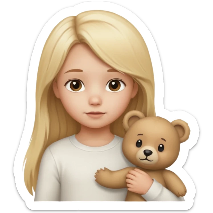 Blonde little girl, long hair, white long sleeve, with beige bear sticker