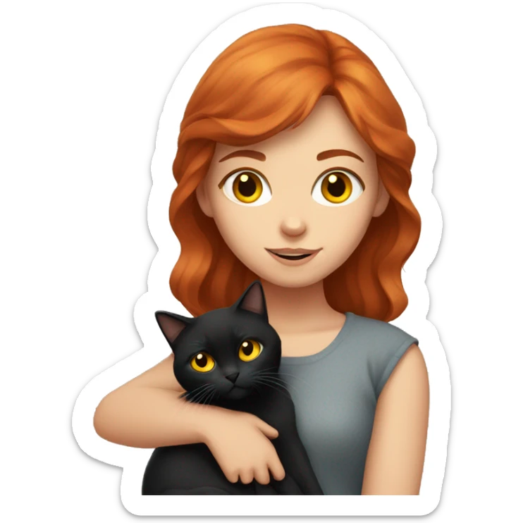 A red-haired girl holds a black British cat with yellow eyes in her arms sticker