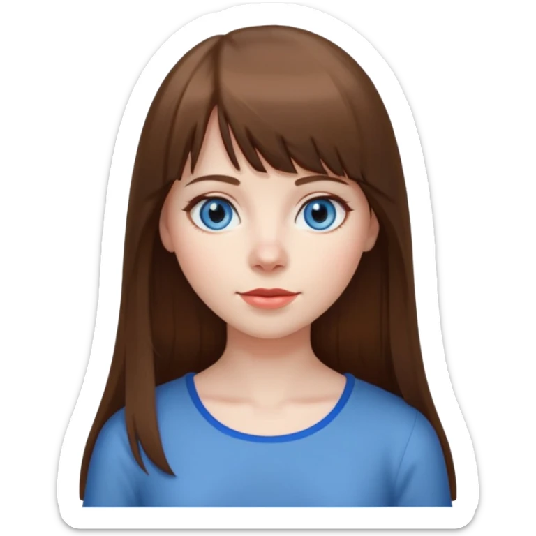 woman, pale skin, long straight brown hair with bangs, blue-grey eyes, white top, apple emoji style sticker