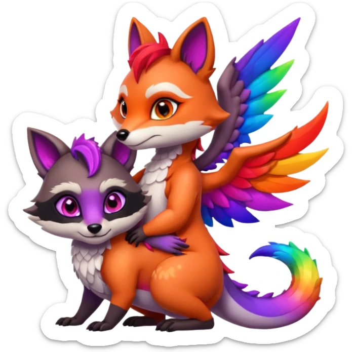 black female raccoon dragon hybrid with rainbow colored wings and purple eyes hugging a red female fox dragon hybrid with rainbow colored wings and orange eyes sticker