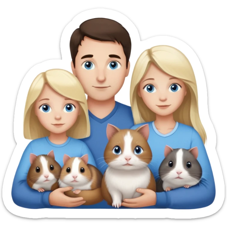 Family portrait with father with dark brown hair and blue eyes, mother with light brown hair and blue eyes, three blonde little girls with blue eyes, plus a grey cat and two guinea pigs sticker