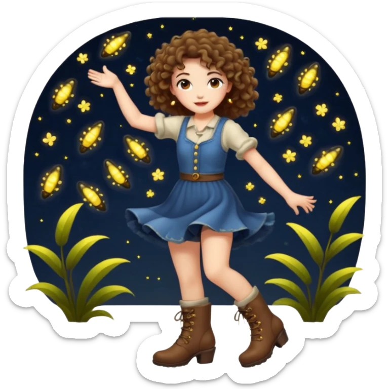 full body woman short curly brown mullet hair brown eyes white skin dancing with fireflies around boots sticker