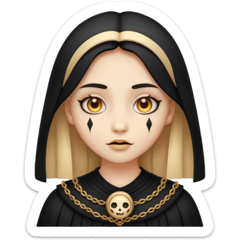 Stylized cult cartoon girl emoji, eerie-cute aesthetic, symmetrical design, subtle spooky vibe, glowing eyes, chanting “AMILK”, bold graphic icon sticker