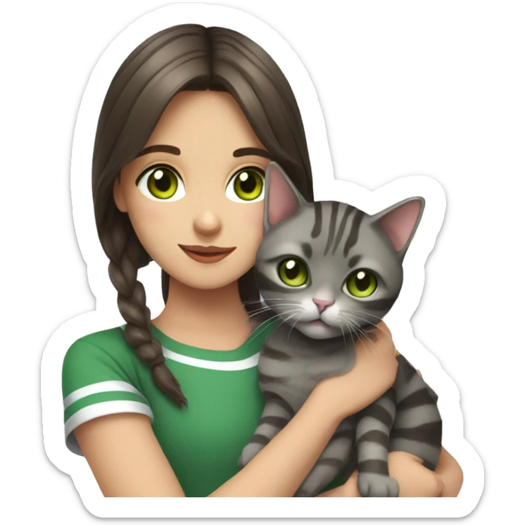 Brunette girl with green eyes, holds in her arms a British gray, striped cat with brown eyes sticker