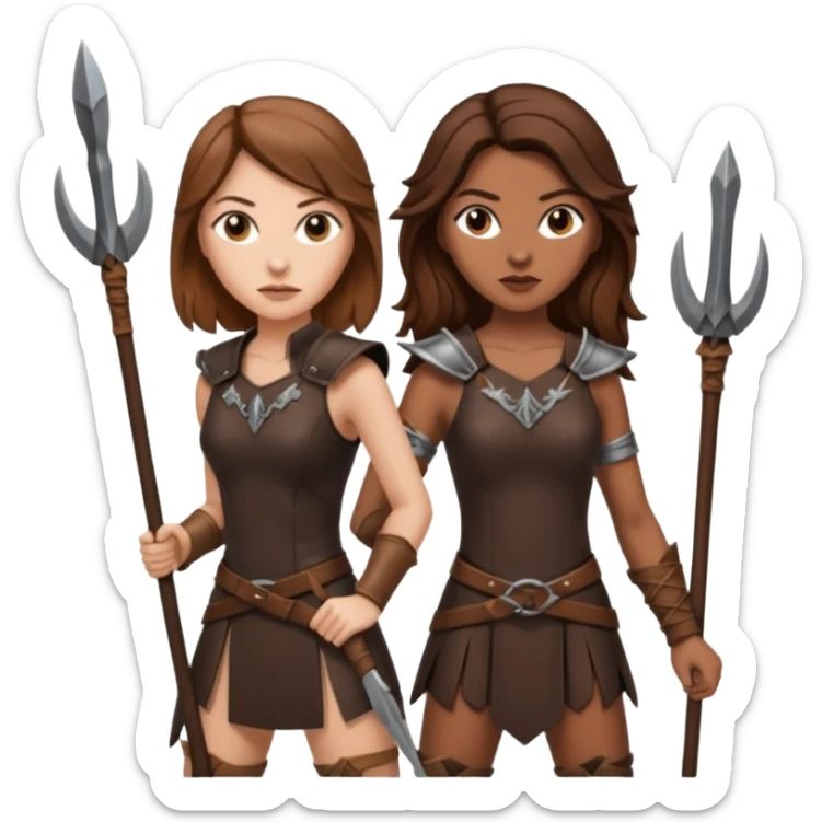 white woman with brown hair and brown woman with long brown hair both holding spears fiercely. both have warrior clothing sticker
