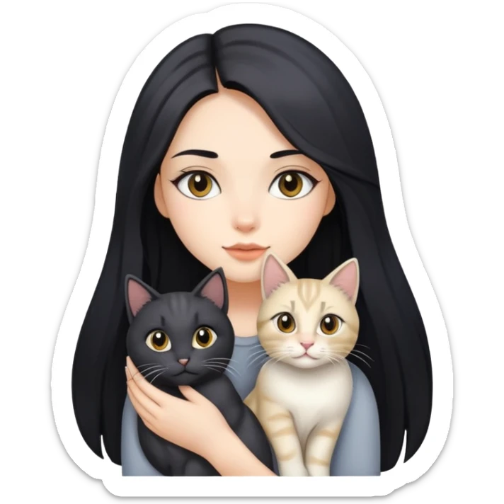 Beautiful girl with long black hair holding a gray and blonde mixed cat sticker