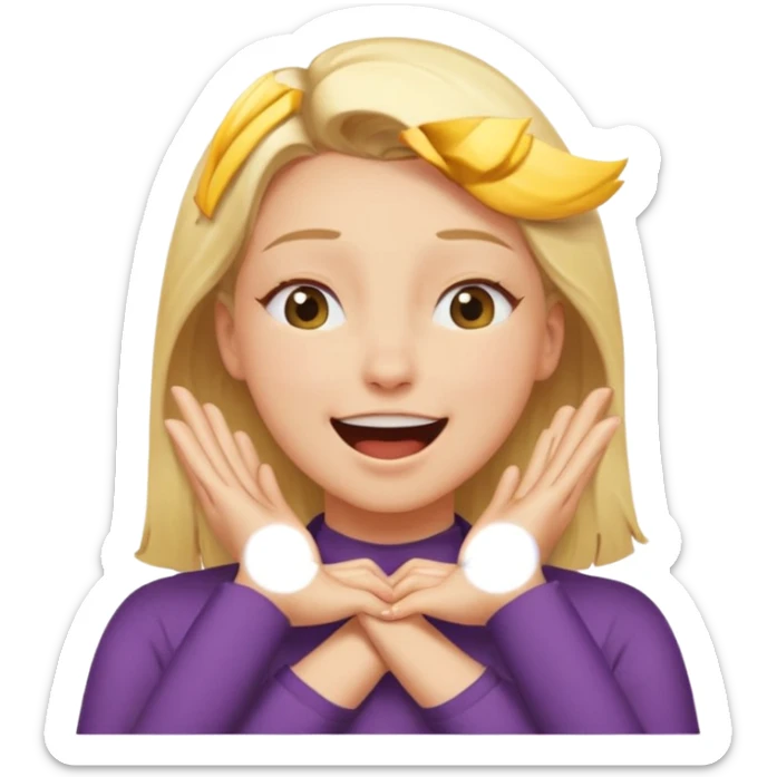 Happy blonde girl with eyes closed and mouth wide open and hands cupped around her neck - her eyes are squinty with excitment mo sticker