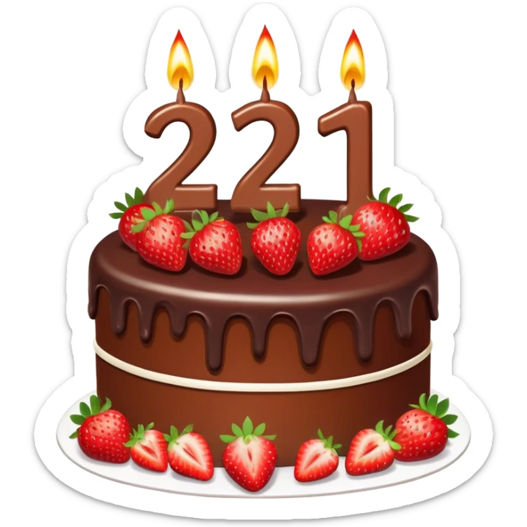 A birthday cake with the number 21 on it and the cake is chocolate and straw berries and nice burning candles sticker