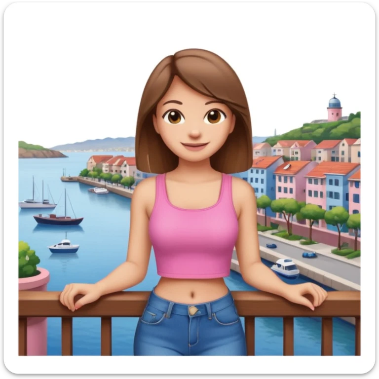 cute emoji-style woman with straight brown hair, pink crop top, and blue jeans, leaning on a balcony with a harbor and cityscape in the background, smiling sticker