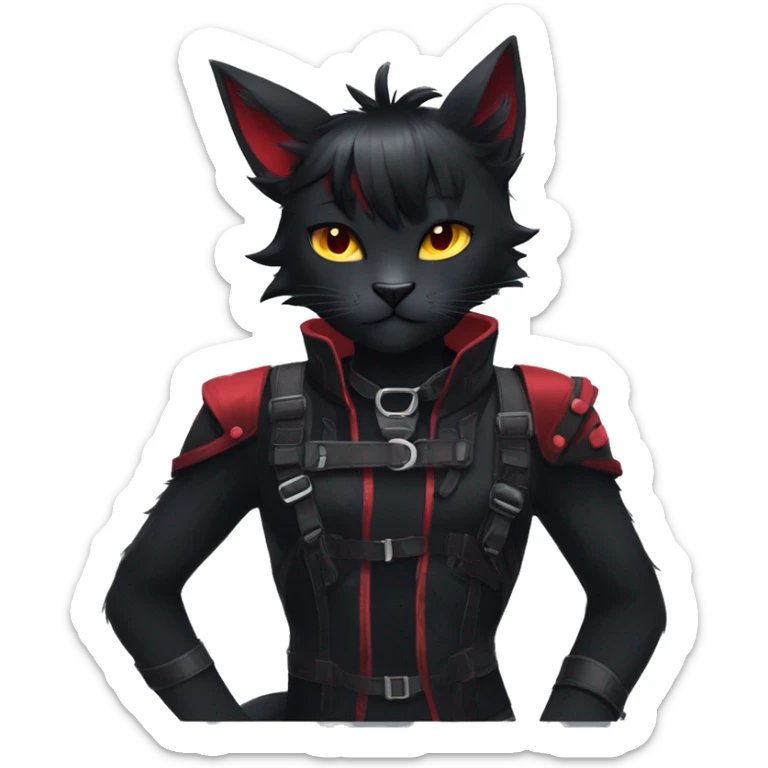 Anthro Edgy Cool Beautiful Black Cat-Fursona-Fakemon with Emo Hair-bangs with Red Streaks Chest Harness sticker