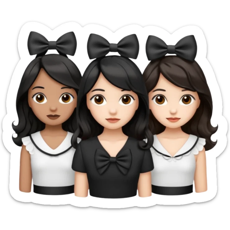 three girls with brown eyes, white and brown skin tones, first girl with completely black straight hair and a bow on her head, middle girl with black wavy hair and a bow, last girl with black voluminous loose waves and a bow, emoji style sticker