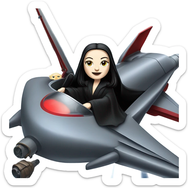 Jedi teen Morticia Addams flying a red and blue Zephyr-J powered by an imperial speeder sticker