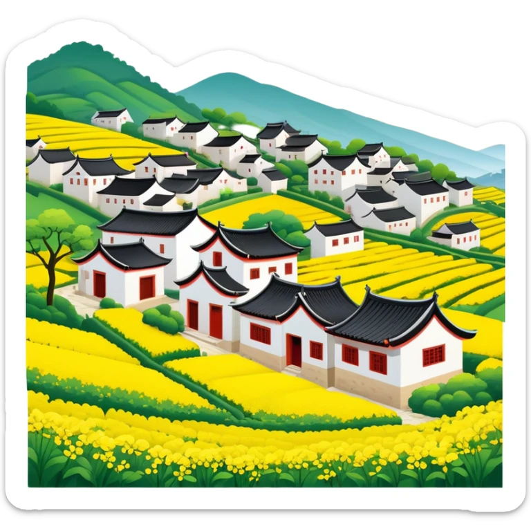 Wuyuan countryside spring flowers and traditional houses Jiangxi, simplified emoji style with bold outlines and bright colors, cartoon style rural village with yellow rapeseed flowers sticker