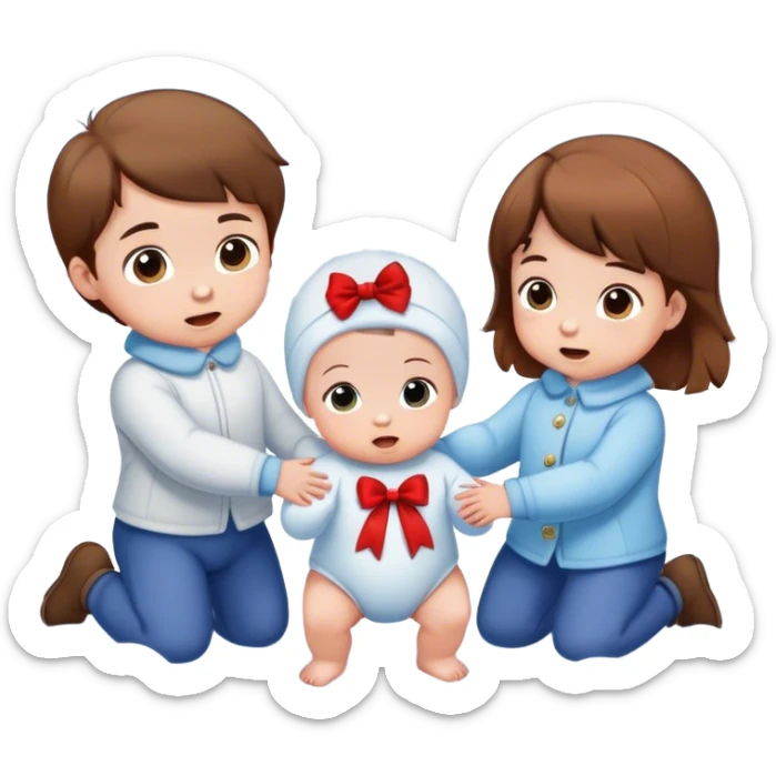 two white baby boys with brown hair and a white baby girl with brown hair and a bow sitting together in the snow sticker