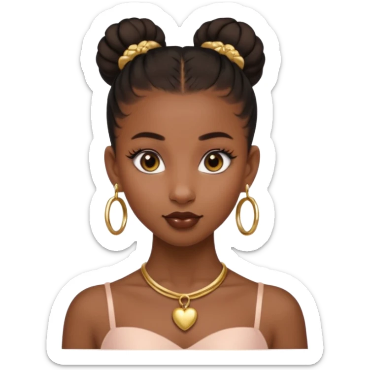 Create a brown skin black girl with a sleek ballerina bun with gold jewelry make her have two nostril piercings and a septum along with a heart nugget earings sticker