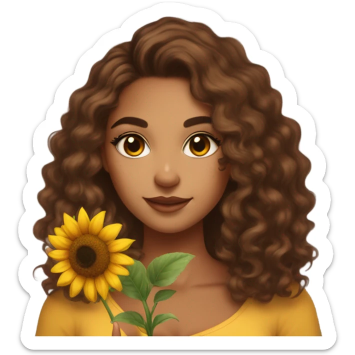 Pretty tan skin Latina with long brown curly hair . Very pretty cat eye makeup . Shes holding a sunflower in her hand  sticker
