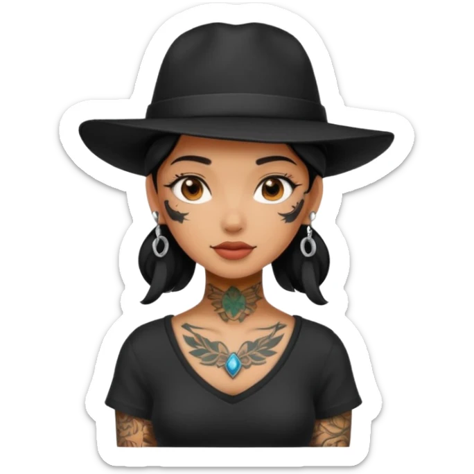 girl have tattoo on her full neck and full body with black hat sticker