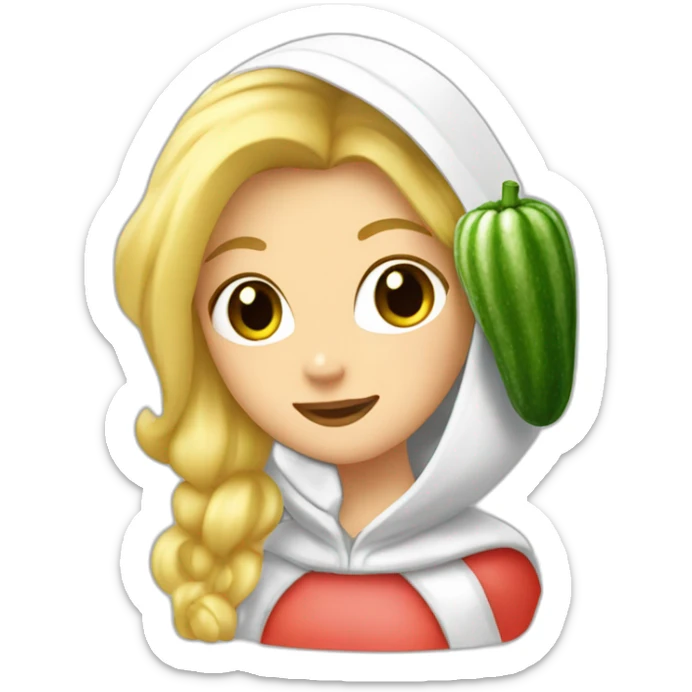blonde girl  eating  cucumber and tomatoes with white hoodie iridescent and a crown princess sticker