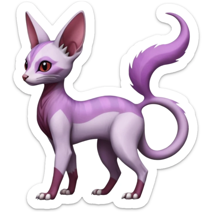 Purple, white, black, Minccino-Sphynx-Lykoi-Linoone-Zangoose-fusion-hybrid-animal-Fakémon-creature, full body, thin long sleek scaly tail, intricate markings sticker
