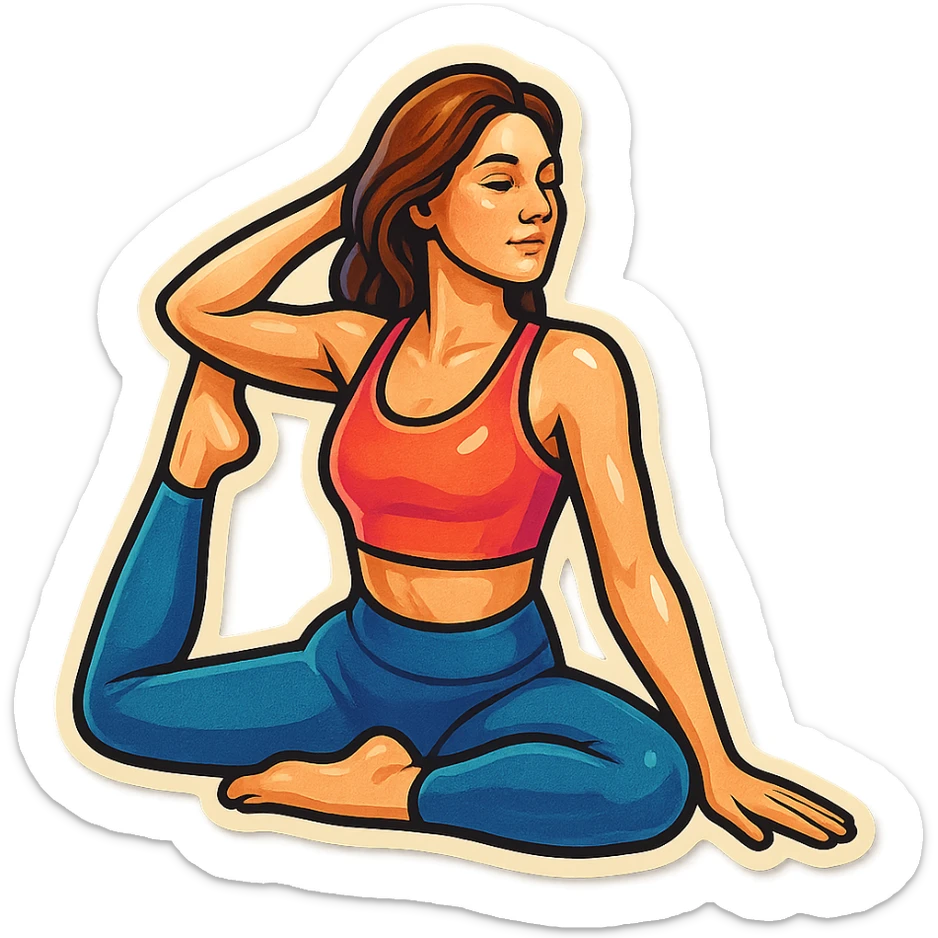 beautiful woman in a top and leggings performing pigeon pose (Eka Pada Rajakapotasana), retro stickers style, detailed appearance, detailed facial features, shadows and highlights, clean contours, soft lighting, transparent background sticker