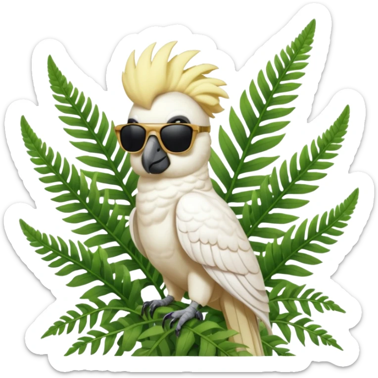 sulfer crested cockatoo wearing sunglasses sitting in a green fern tree with an australian street sign sitting infront of it saying welcome to cockatoo sticker