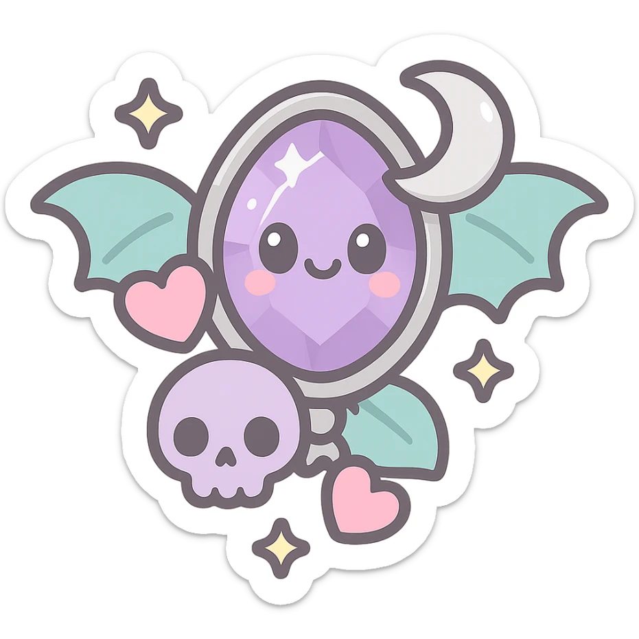 jeweled brooch in pastel goth style, pastel colors, silver, sparkling gem, cute gothic motifs sticker