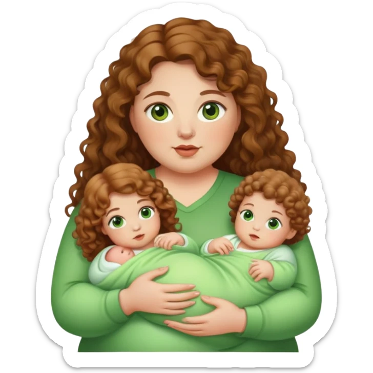 Fat women with 2 babies with brown eyes and green eyes and light brown curly long hair  sticker