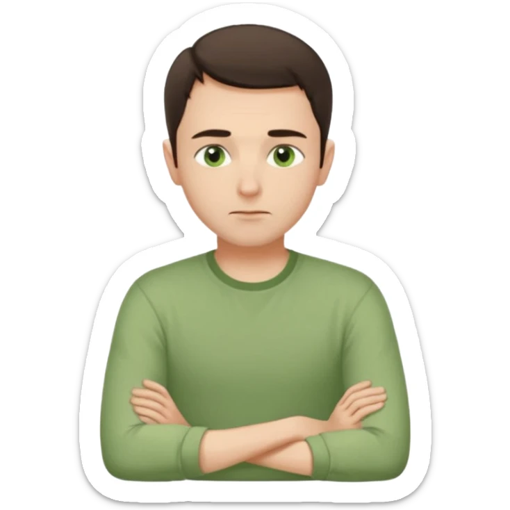 Gentle man, European facial features, short dark brown hair, green eyes, light green shirt. Seated calmly, gazing thoughtfully. Soft light, subtle fern. Waist-up, profile. sticker