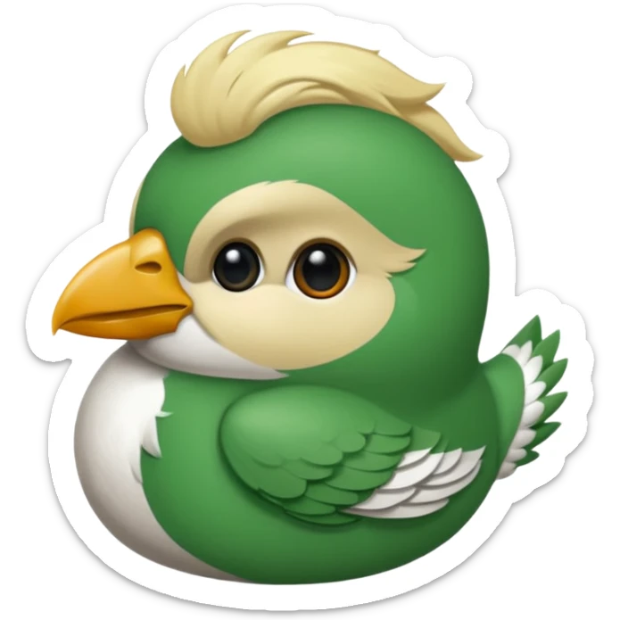 un oiseau classique de profil tout vert même sa tête  et un seul poil blond qui fait une petite bouclette sur le front avec le collier argenté avec des ronds attachés au collier est autour du coup de l’oiseau entre la tête et le corps sticker