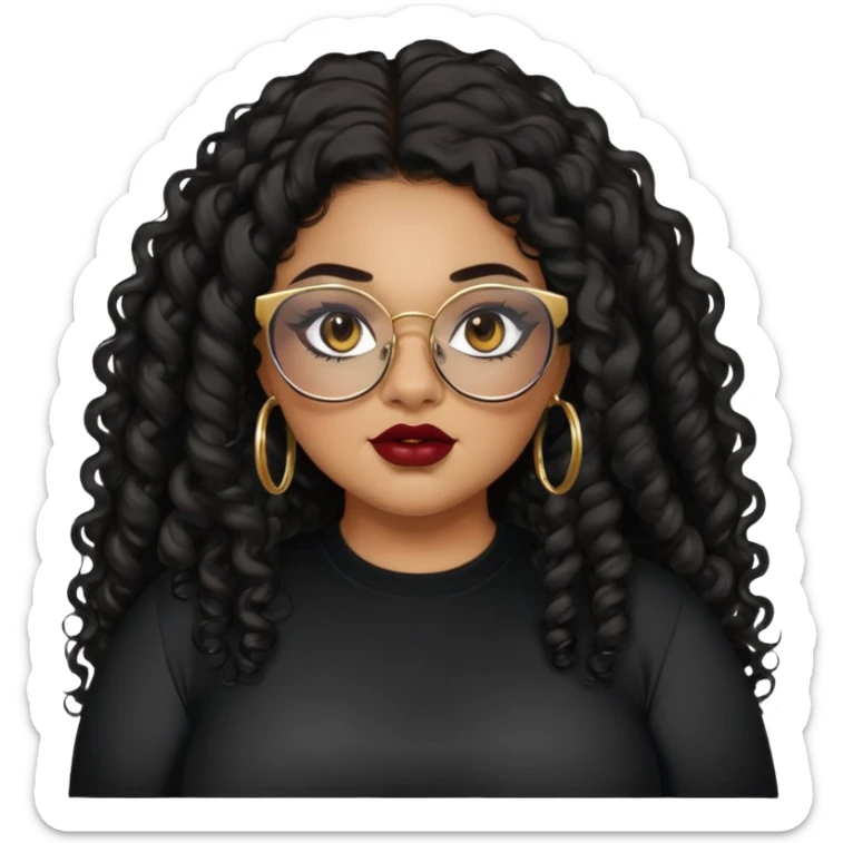 teen big plus size, latina, darker tan skin, gold hoops, long black curly hair, baddie,pretty, makeup, dark red lipgloss, black eyeliner, long hair, black shirt, BLACK glasses sticker