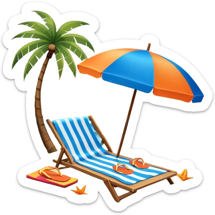 Icon for Beach Tourism: with the blue ocean, orange sunset sun and palm trees in the background, a sun umbrella, flip-flops, and a beach towel on the sand. The icon should represent relaxation and fun at the beach. Transparent background. sticker