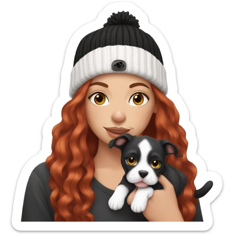 Long Red haired woman in beanie with septum piercing holding black and white English Staffordshire puppy and tabby cat sticker