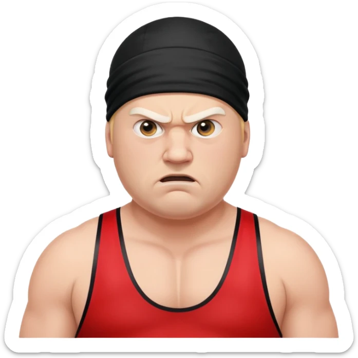 Close-up of white skin fat guy no muscle with prominent black durag, completely shaved face, no beard or mustache, black eyes in a red and black wrestling singlet with angry face sticker