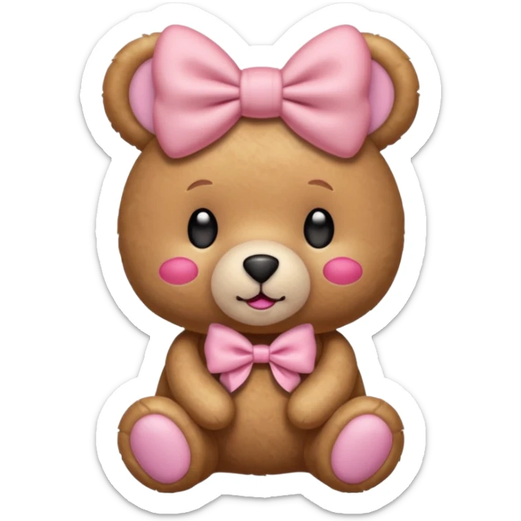 The og emoji teddy bear with some pink blush and a cute pink coquette bow in the ear sticker