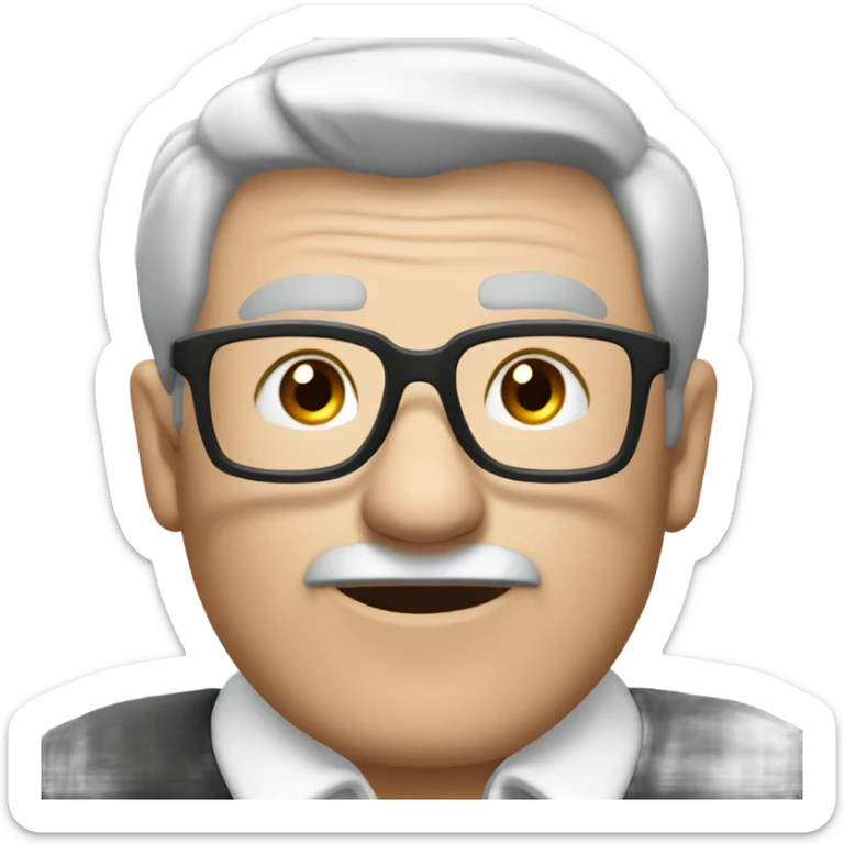old english man, with glasses, grey hair, no moustache. wearing a white smart polo shirt with black buttons. sticker
