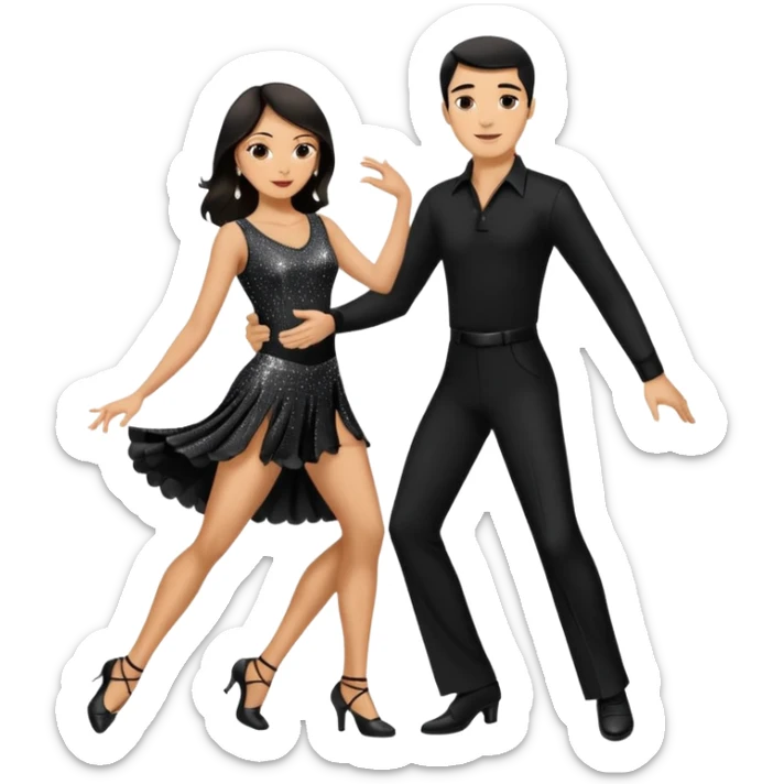 Dancesport professional latin couple dancing the rumba, the women is in skinny short sparkly dress, the man is in black shirt and black classic pants, the women has brown long hair, the man has short black hair  sticker
