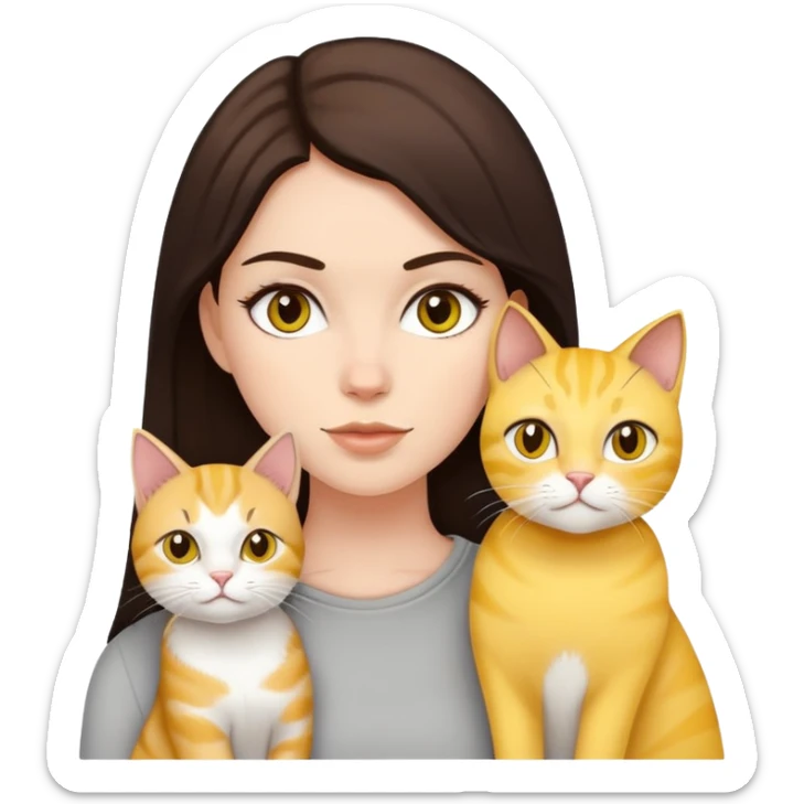 white girl wirh dark brown hair with 2 yellow cats and one light grey cat sticker