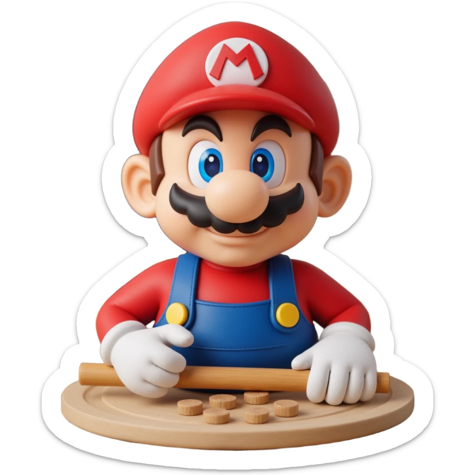 a worker in factoryA 3D-rendered head of a character inspired by Super Mario, facing slightly from front-left to right. The head should include his signature red cap with an ‘M’, large round nose, thick mustach sticker