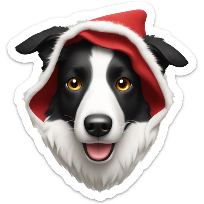 Black and white Border Collie wearing a red velvet hood with white fur trim. sticker