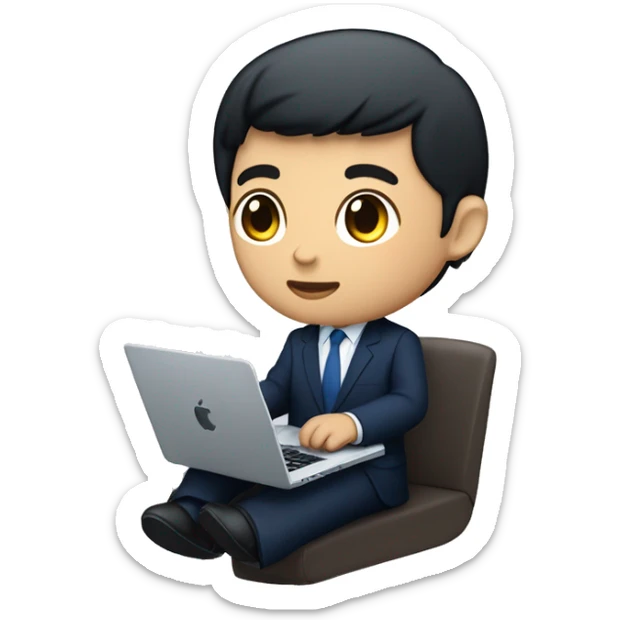 memoji of a young man with a laptop in front, apple-style, on laptop with a blue sticker with 4 letters: "WYZE", modern, dark hair, dark blue suit, computer in hand, chinese skin, sitting on this desk sticker